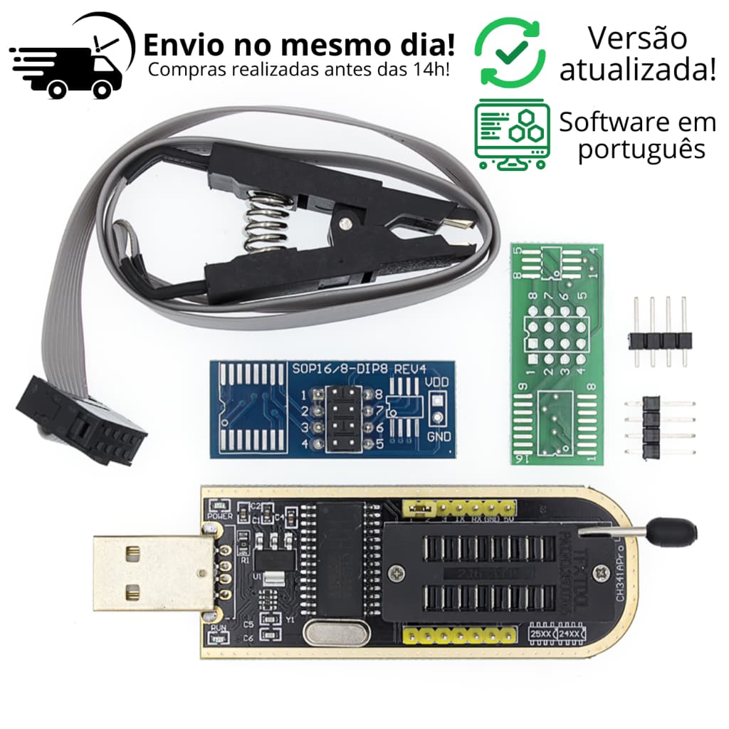 Kit Gravadora USB de Bios Eprom CH341A Serie 24 25 + Pinça Clip Garra Jacaré SOIC 8