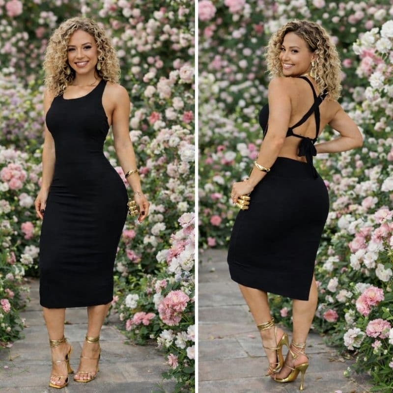 Vestido blogueira feminino midi cruzado nas costas canelado festa balada chic elegante modela o cor