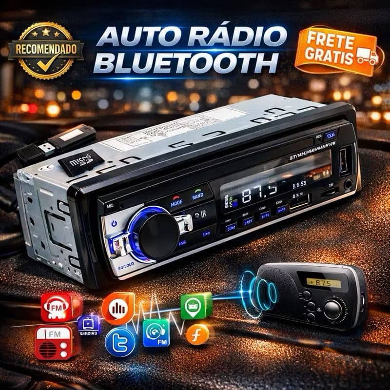 Rádio Automotivo Bluetooth USB SD MP3 FM 4x60W com Controle Remoto Som Carro Player Veicular 12V