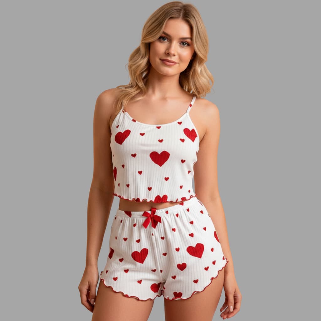 Pijama Feminino de Coração Baby Doll – Confortável Leve e Fresquinho para Dormir no Verão