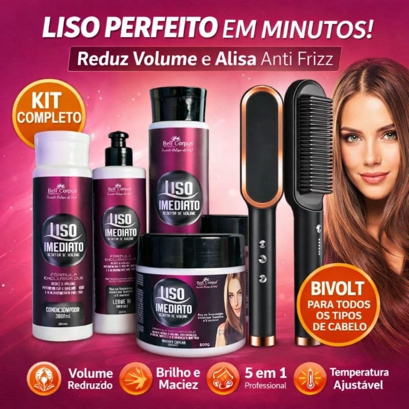 Kit Liso Imediato Redutor de Volume + Escova Alisadora