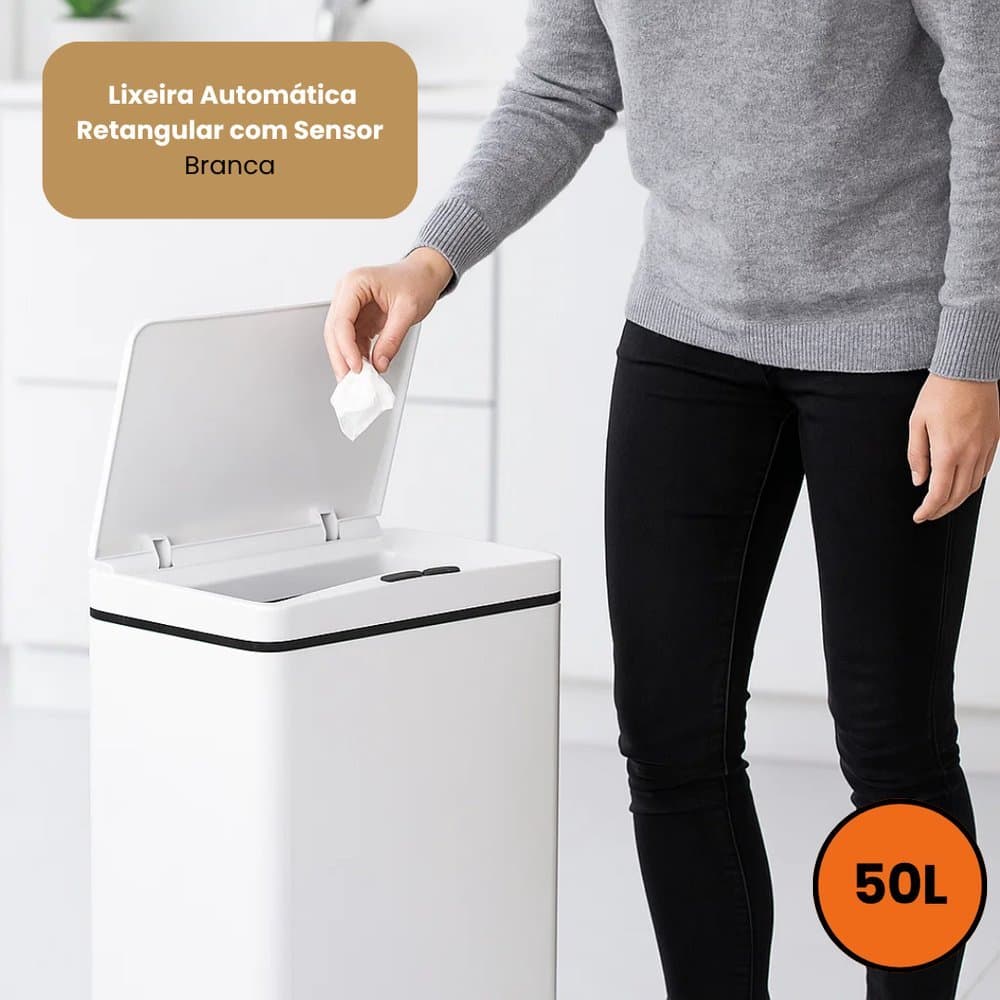 Lixeira Automática 50 Litros Sensor Proximidade Tampa Inteligente Design Cesto Lixo Moderno Branco