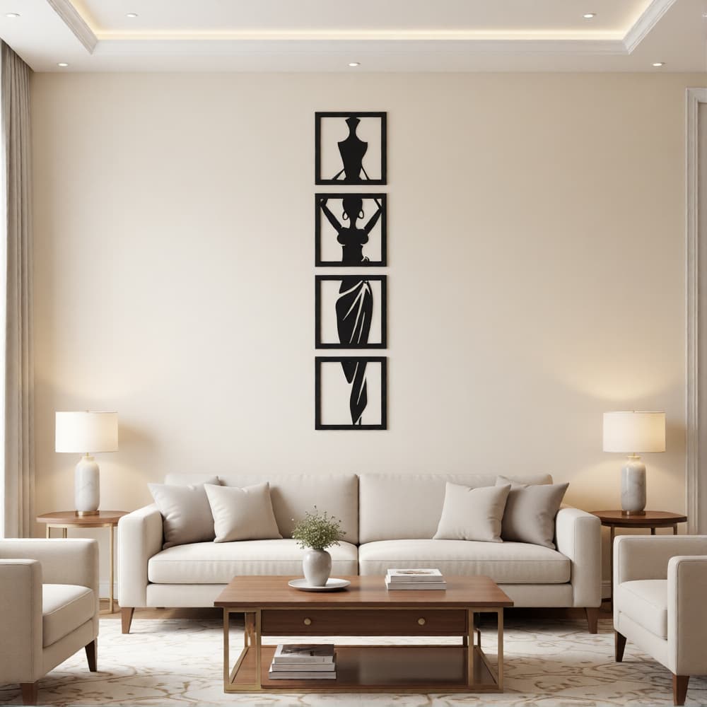 4 Quadros Decorativos Mulher com Jarro MDF Preto Prata Dourado Verde Branco