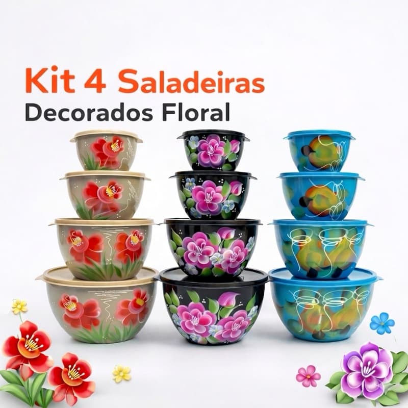 Kit 4 Saladeiras de Plástico Com Tampa Decoradas Floral Multiuso Cozinha Resistente