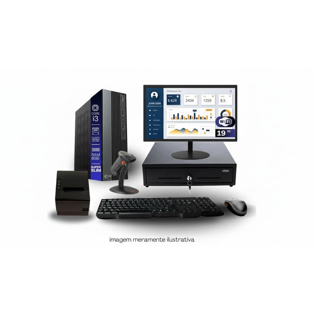 Kit PDV TOB i3 8GB SSD 120GB Win10 Rede S/Fio Teclado Mouse Monitor 19" Gvt. Dinheiro Imp. Térmica Leitor Cód Barras