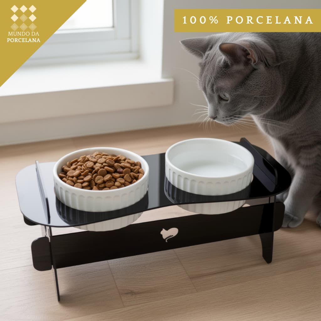 Comedouro Pet Elevado Acrilico Porcelana Comedoro Duplo 190ml Antirrefluxo