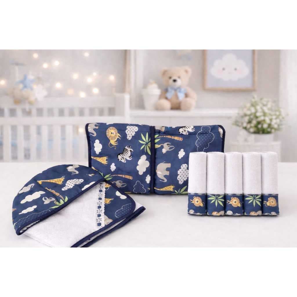 KIT BEBÊ COMPLETO – TOALHA COM CAPUZ + TROCADOR + TOALHINHAS