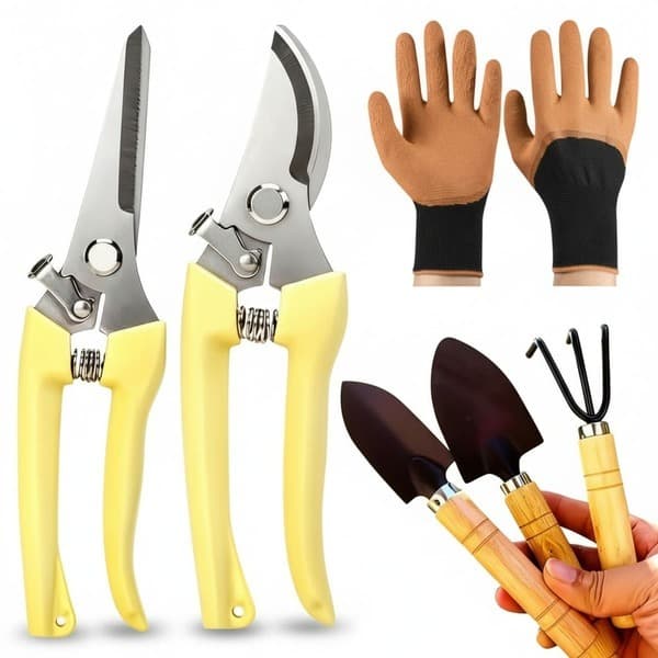 Kit de Jardinagem Com Alicate de Poda, Tesoura de Poda, Par de Luvas e 3 Peças Cuidados com Vasos Pás e Rastelo