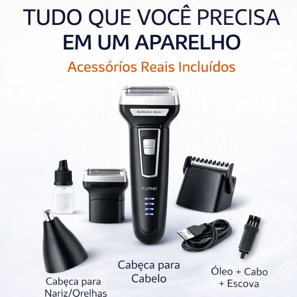 Aparador de Barba Kemei 3 em 1 Recarregável Bivolt Barbeador Elétrico Cortador Cabelo Nariz