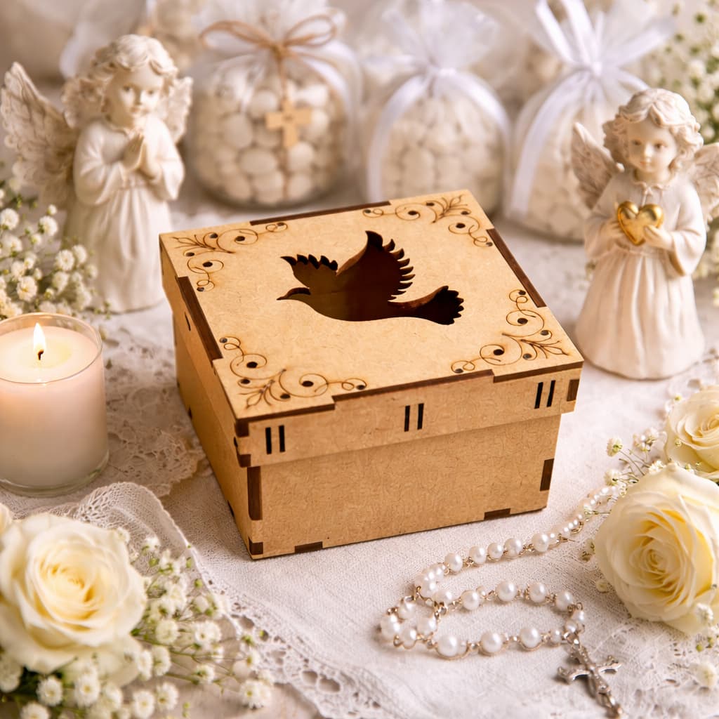 Kit 3 Caixas Lembrancinha Batizado Casamento Crisma Espirito Santo Em Mdf Crú