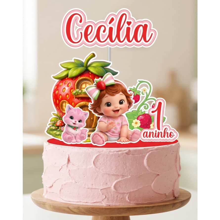 Topo de Bolo Moranguinho - Topper de Bolo MORANGUINHO BABY Personalizado - Festa Moranguinho Baby