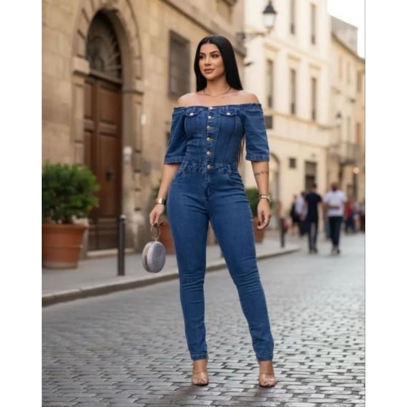 Macacão Ciganinha Jeans Feminino Manga 3/4 Gladiador