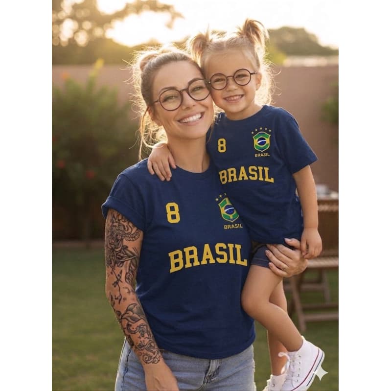 Kit Mãe e Filha Brasil Copa do Mundo Camiseta Feminina e Infantil azul 100% Algodão Look Família Torcida Combinando