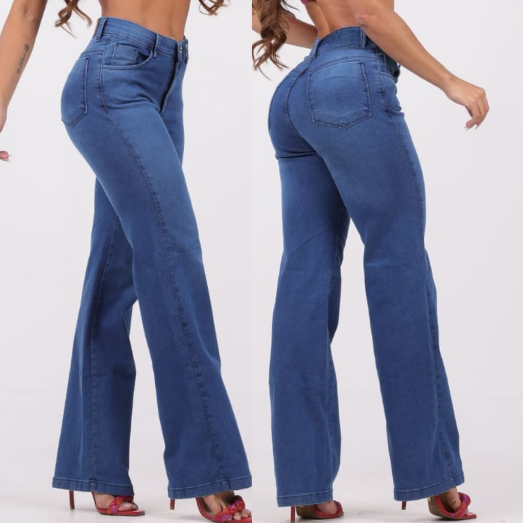 Calça Wide Leg Corte Reto Algodão Cintura Alta Jeans Premium