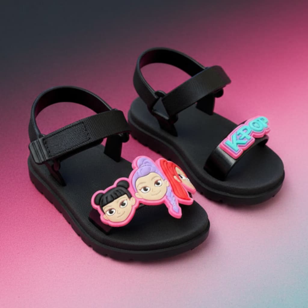 Sandália Infantil Menina  Kpop Flor  Papete Velcro Feminina Criança Leve Confortável Antiderrapante