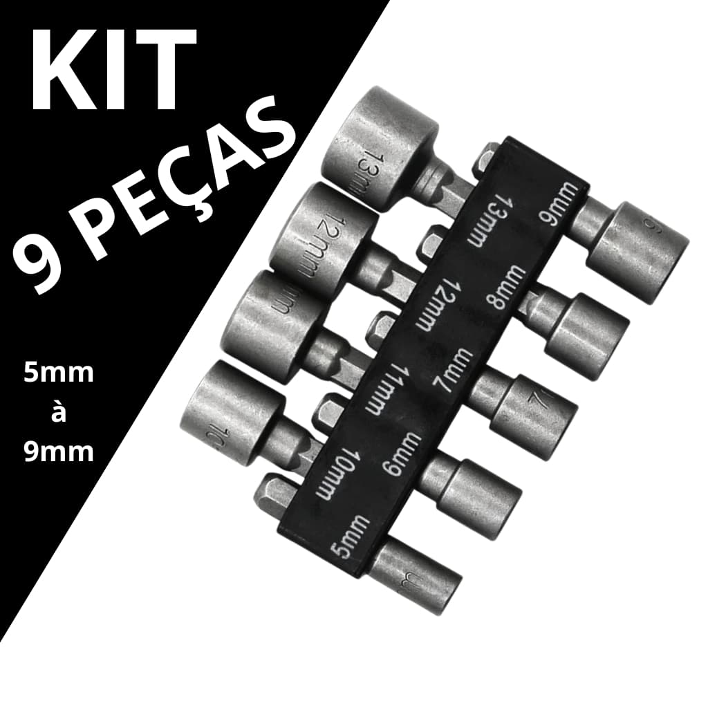 Kit Soquete Magnético Sextavado para Parafusadeira e Furadeira 9 Peças 5mm a 13mm