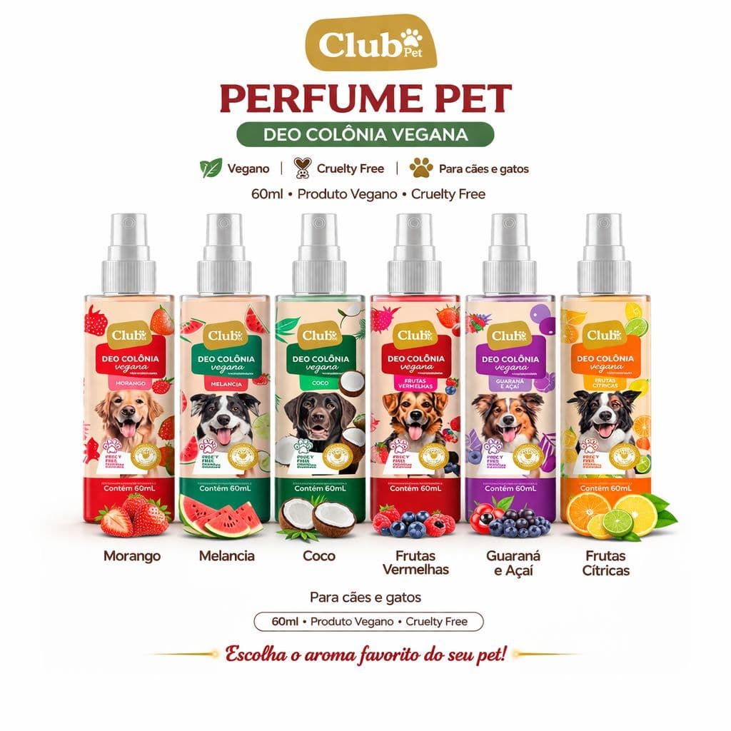 Perfume Pet Club Pet 60ml Para Cães e Gatos Morango Melancia Coco Frutas Vermelhas Guaraná e Açaí