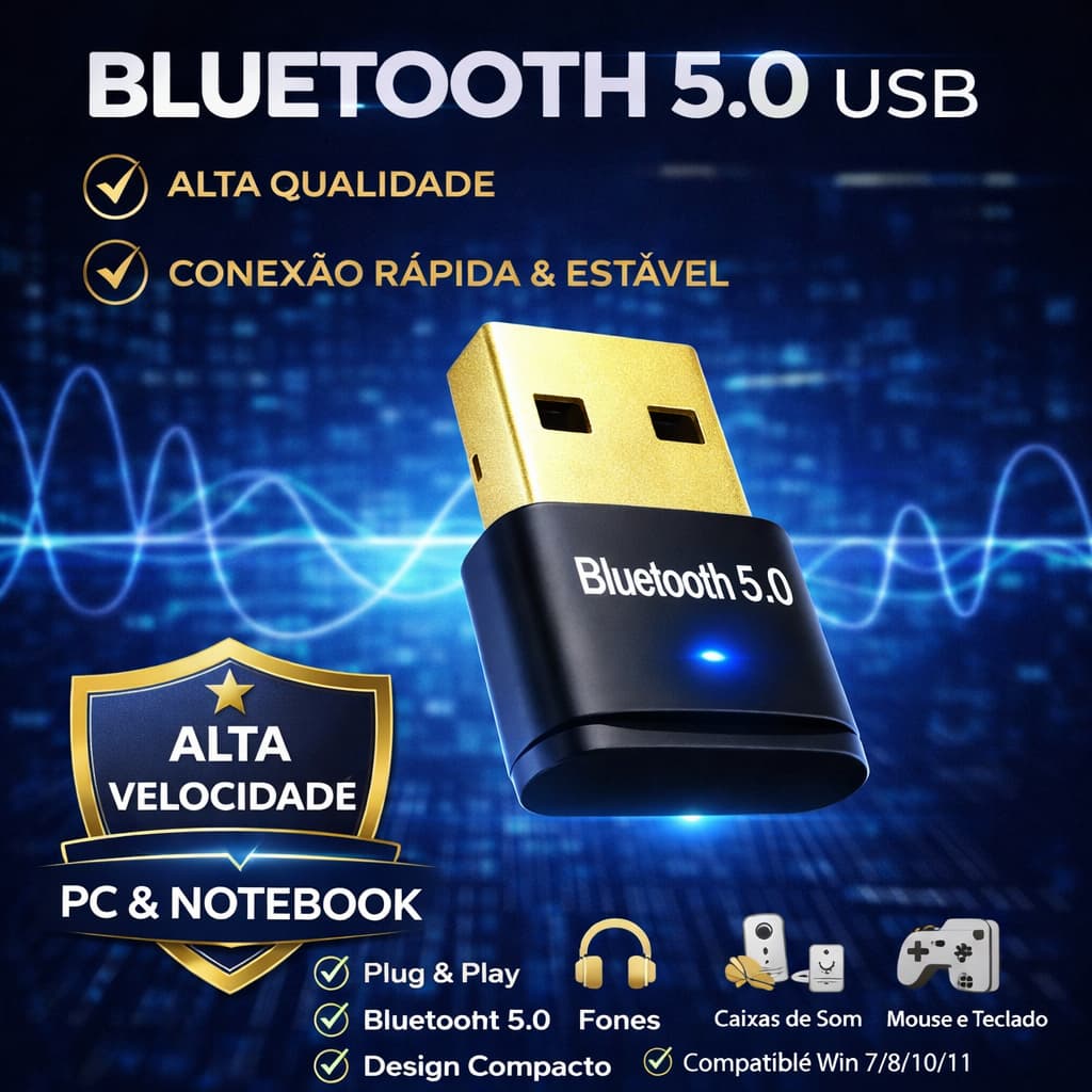 Adaptador Bluetooth 5.0 USB Alta Velocidade para PC Notebook Conexão Estável Plug & Play