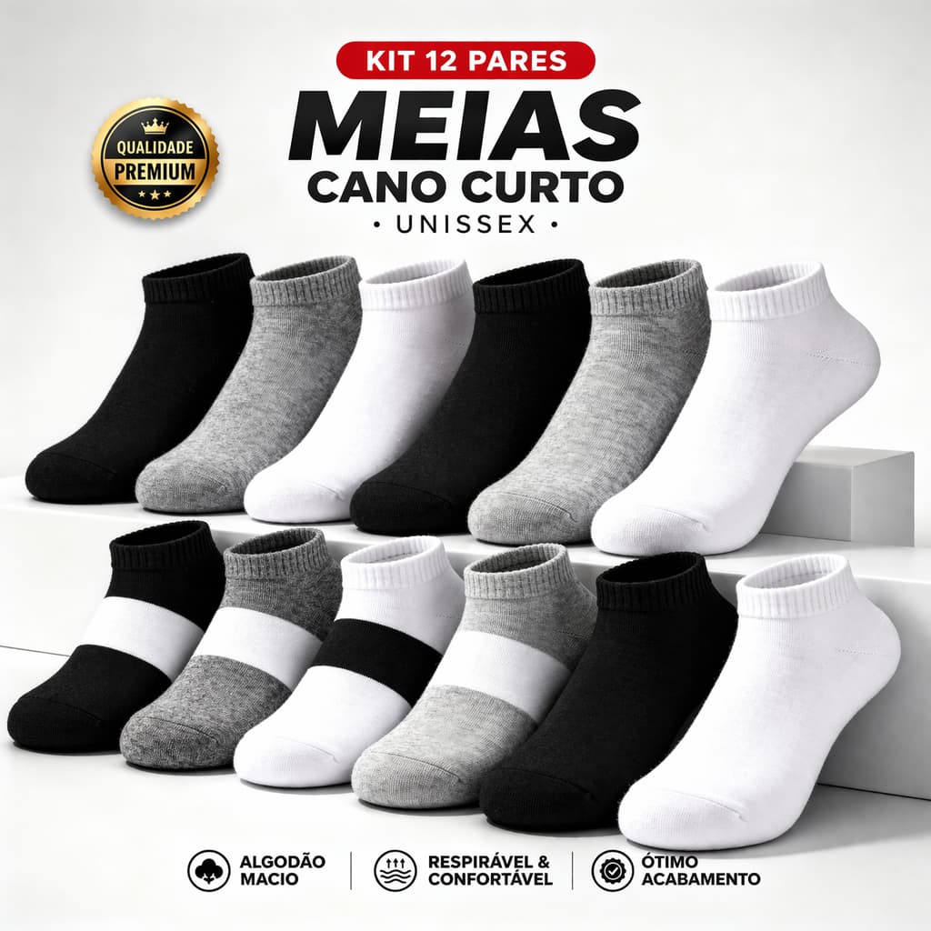 Kit 3/6/12 Pares De Meia Soquetes Unisex Cano Curto Masculina Feminina Meias Unissex - Envio Rápido