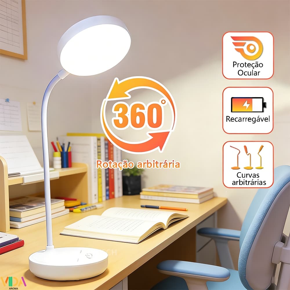 Luminária Abajur De Mesa Recarregável LED Cabeceira Portátil Proteção Ocular De Espectro Total Reduzindo A Fadiga Visual