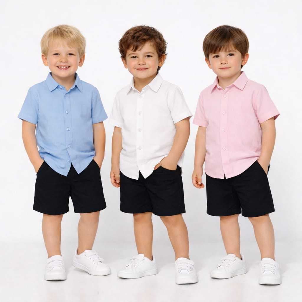 Conjunto social infantil  camisa manga curta diversas cores e bermuda preta