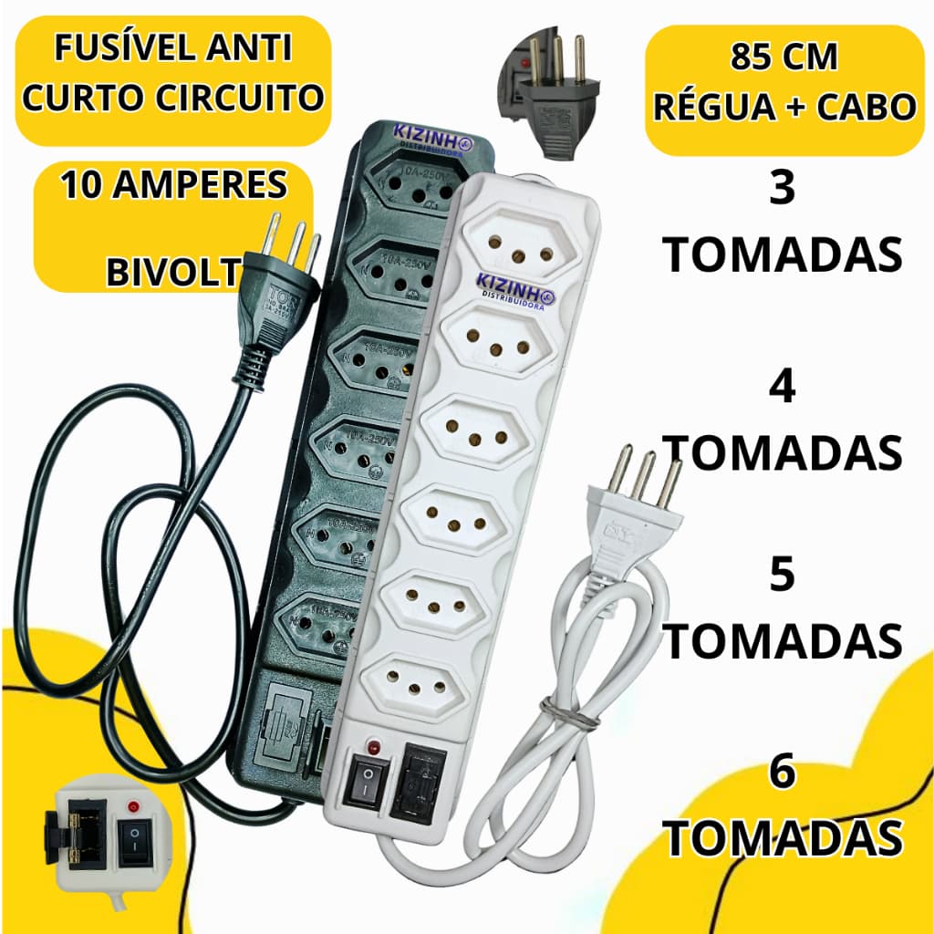 Filtro de Linha 3, 4, 5 e 6 Tomadas BRANCA/PRETA Bivolt Tripolar 10 Amperes Fusível de Proteção