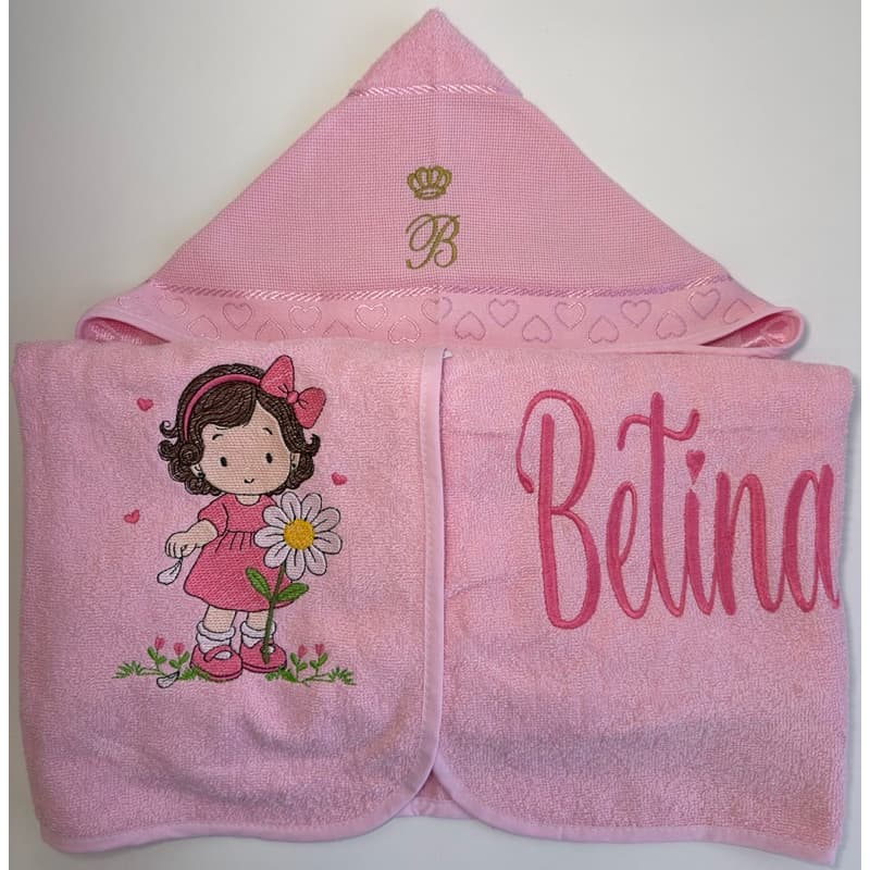 Toalha de Banho com Capuz Forrada com Fralda com Nome e Desenho Personalizado-MENINA