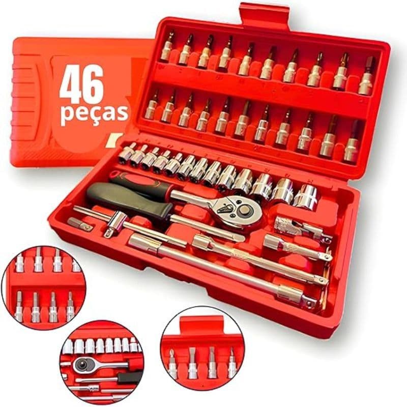 Kit de Ferramentas 46 Peças Jogo de Soquetes Chave Catraca Reversível Com Maleta Jogo De Ferramentas