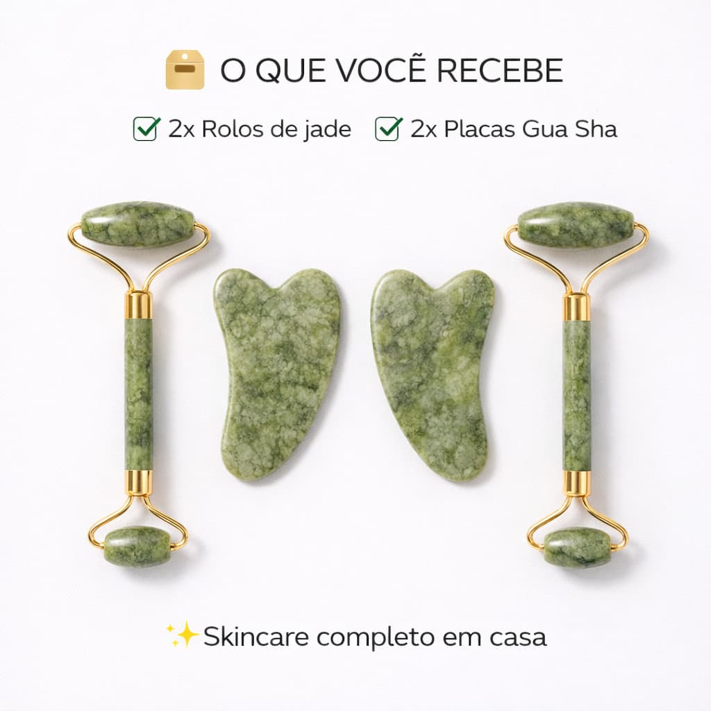 Kit 2 Peças Rolo Pedra Jade Placa Gua Sha Massagem Facial Anti Ruga