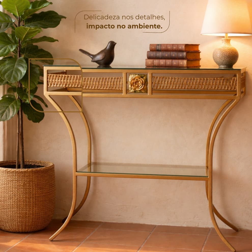 Aparador Prateleira de Junco Dourado 80cm Vidro Duplo Mesa Decoração Sala Hall Cantinho do Café Luxo