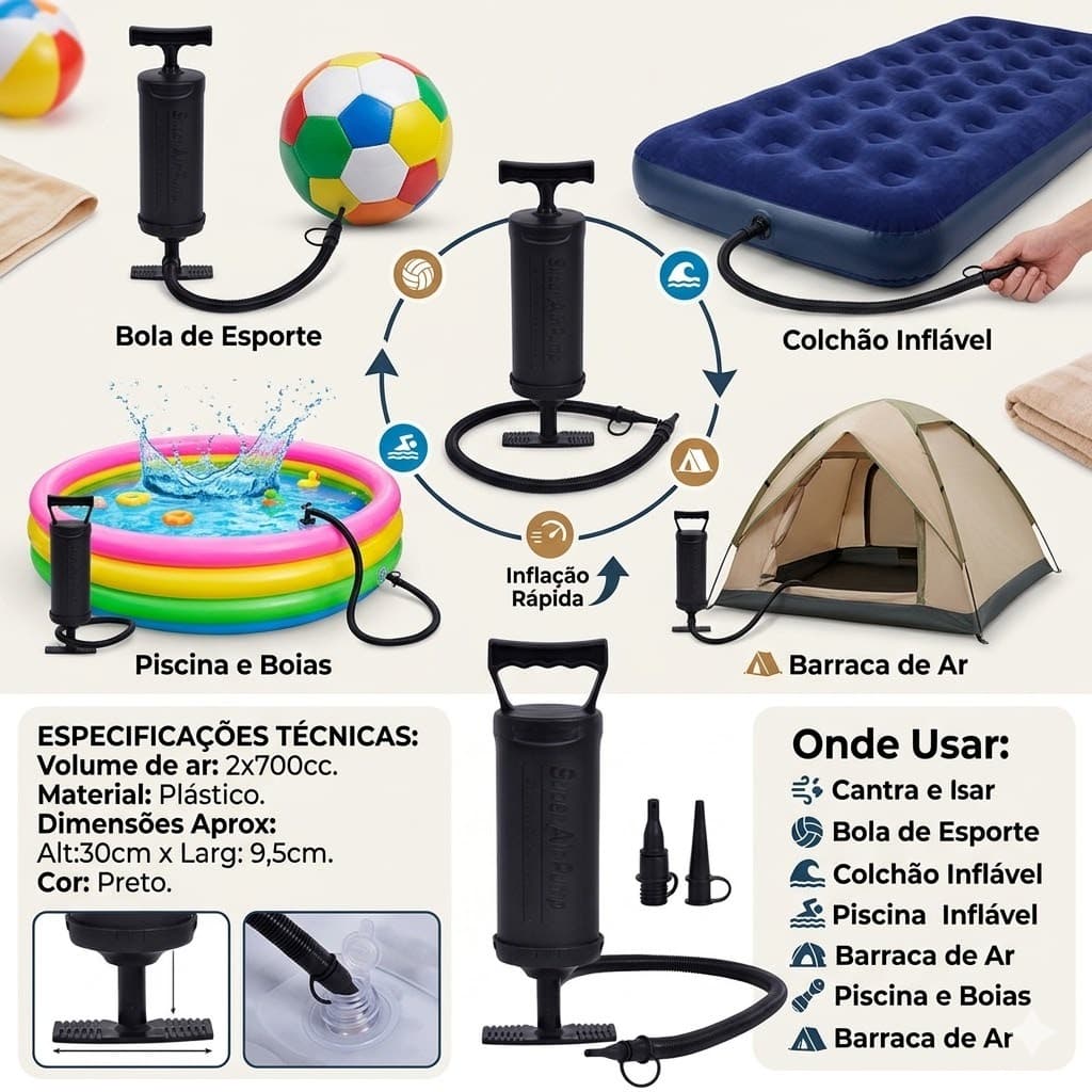 Bomba Ar Manual Portatil Leve Multiuso Rapida Facil Encher Pneus Bola Piscina Boias Colchão Inflável