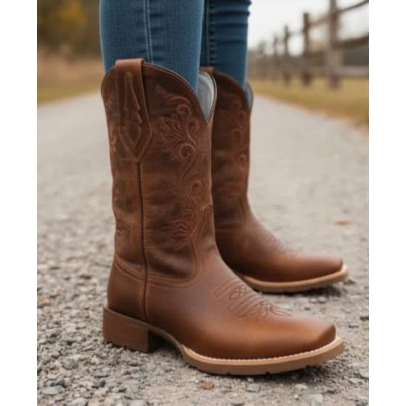 Bota Texana Feminina Café Em Couro Bordada Candieiros