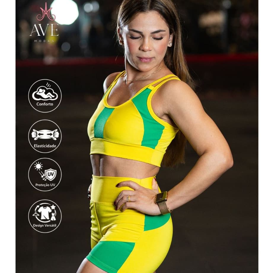 Conjunto COPA 2026 Top Rainha Amarelo com Verde + Shorts Rainha Moda Feminina Fitness Academia