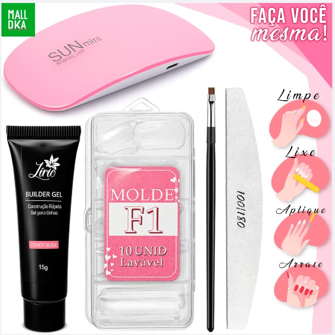 Kit Unha Pollygel 15GR (5 ITENS) Cabine SunMini Portatil Molde F1 Lixa de tips Unhas Postiça