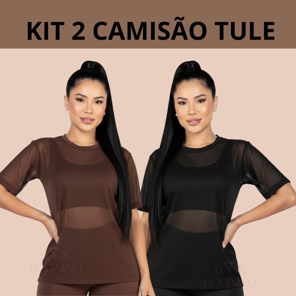 Kit 2 Blusa de Tule Feminina Academia Blusão Transparente Manga Curta Treino Basica Dia a Dia Casual Fitness