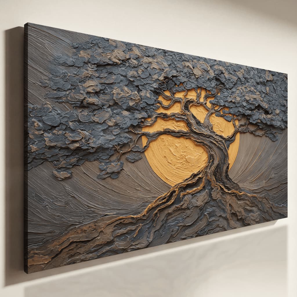 Quadro Decorativo Árvore Da Vida Com Sol Dourado Textura 3D Tons Cinza Moderno Sala
