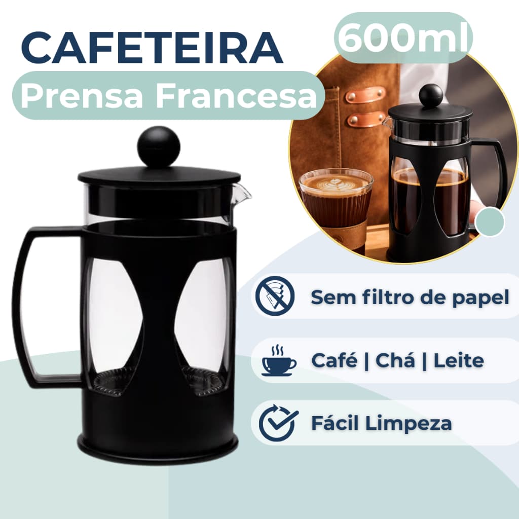 Cafeteira Prensa Francesa 600ml Café Chá Aço Inox Vidro Borossilicato Mimo Style