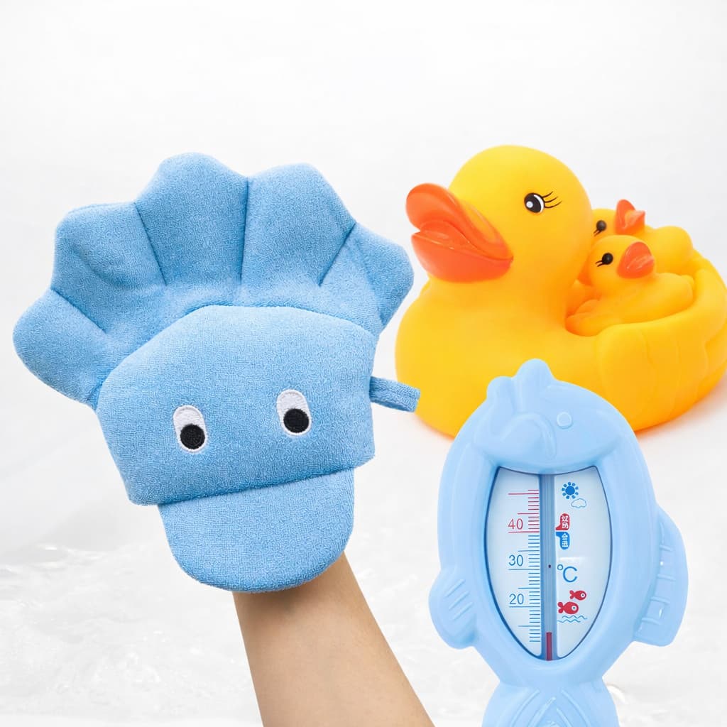 Kit Completo Banho Infantil: Termômetro Peixe + Esponja Polvo Macia + Brinquedos Bichinhos de Banho