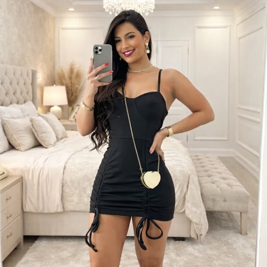 Vestido Balada Feminino Curto Tubinho Preto Justo com Alça Fina Drapeado Lateral Casual/Noite