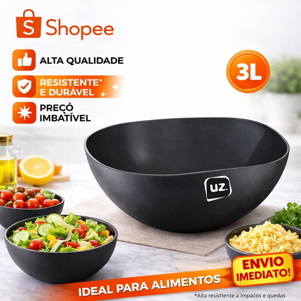 Saladeira Tigela Bowl 3L UZ Preto Multiuso Redonda Servir Sobremesa Mesa Posta