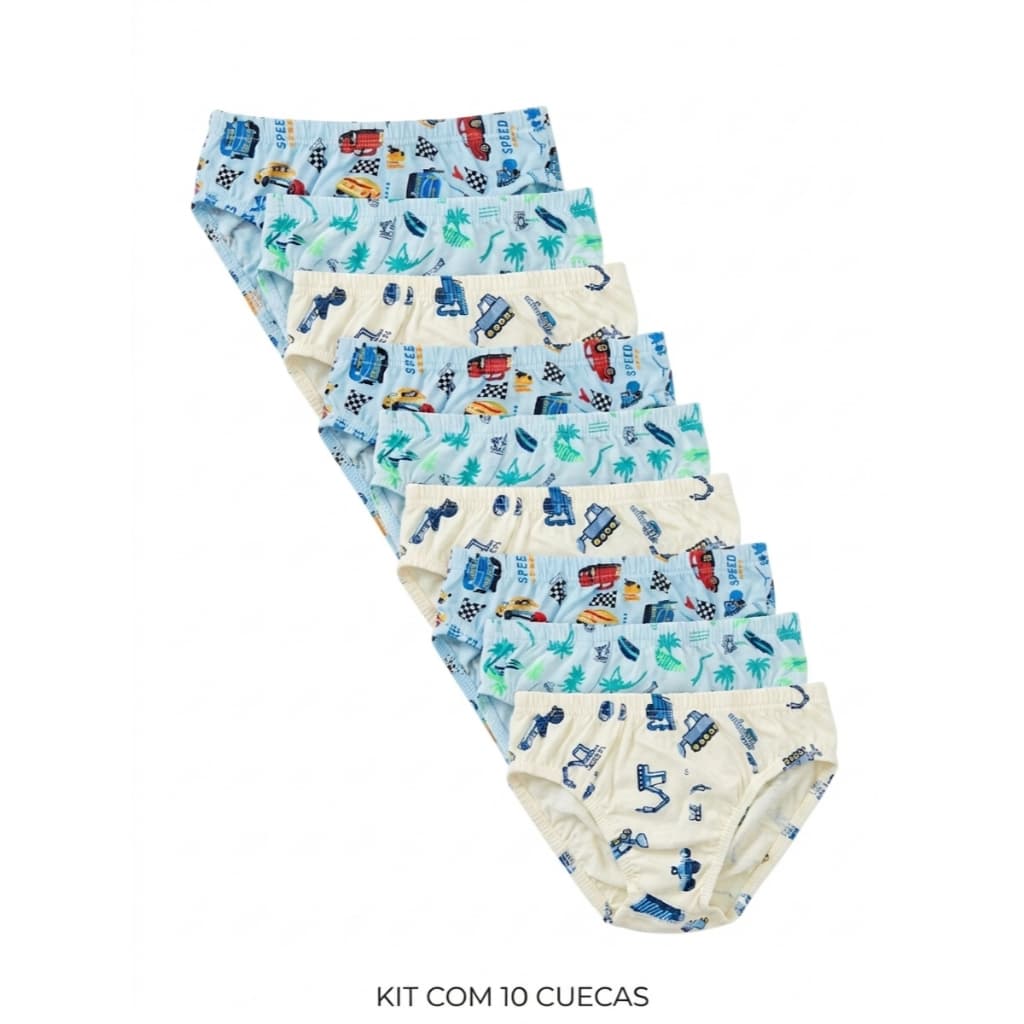 Kit Cuecas Slip Infantil Menino Tam 2 ao 10 Estampada 5, 10 unidades  100% Algodã Via Oculta