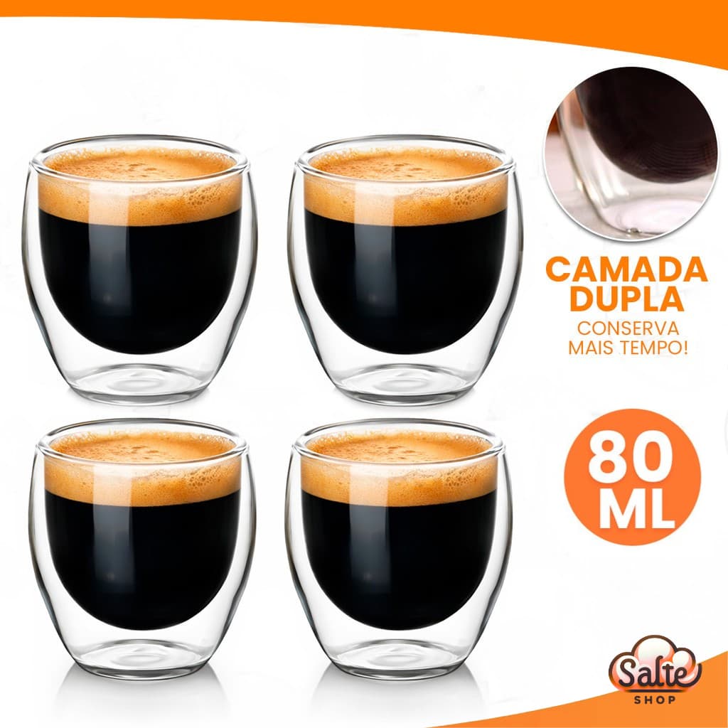Kit Copo Parede Dupla Vidro Resistente 2 ou 4 Unidades Isolante Térmico 80ML Para Café Leite Chá