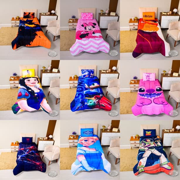 Edredom Solteiro Infantil Personagens + Fronha Micropercal Premium Estampa Digital 1,50x2,40