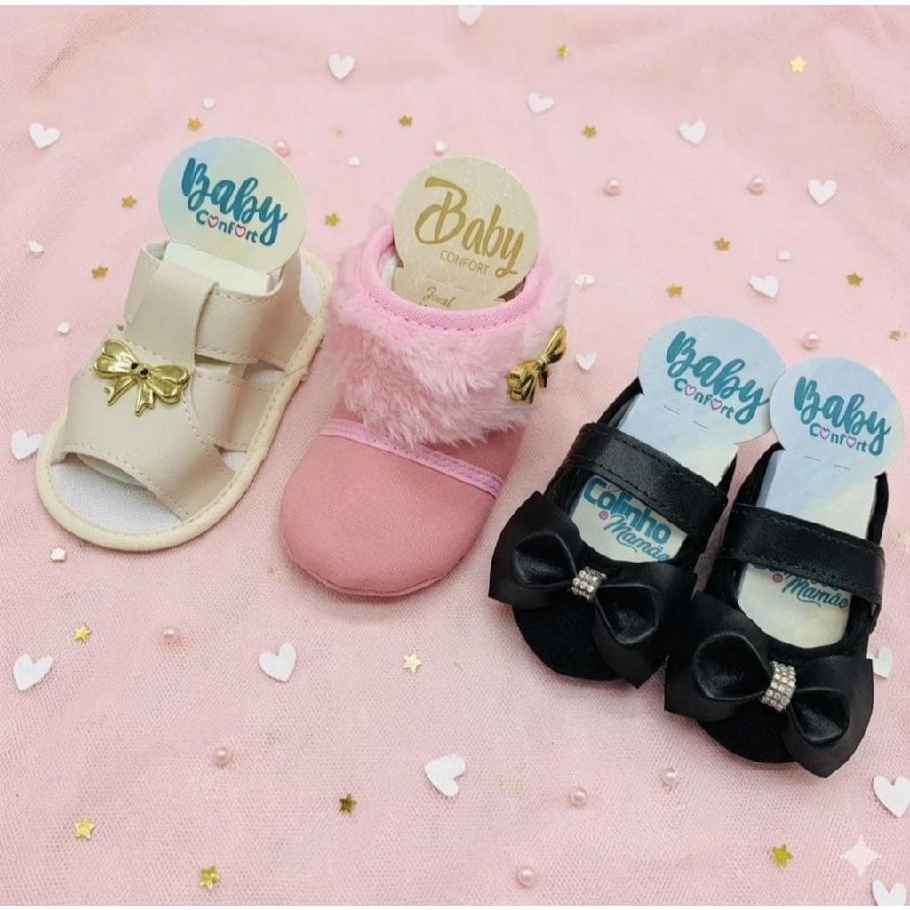 Sapatinho de Bebê Recém Nascido - Kit Sortidos com 3 Pares Botinha,Sandália e Sapatilha Feminina