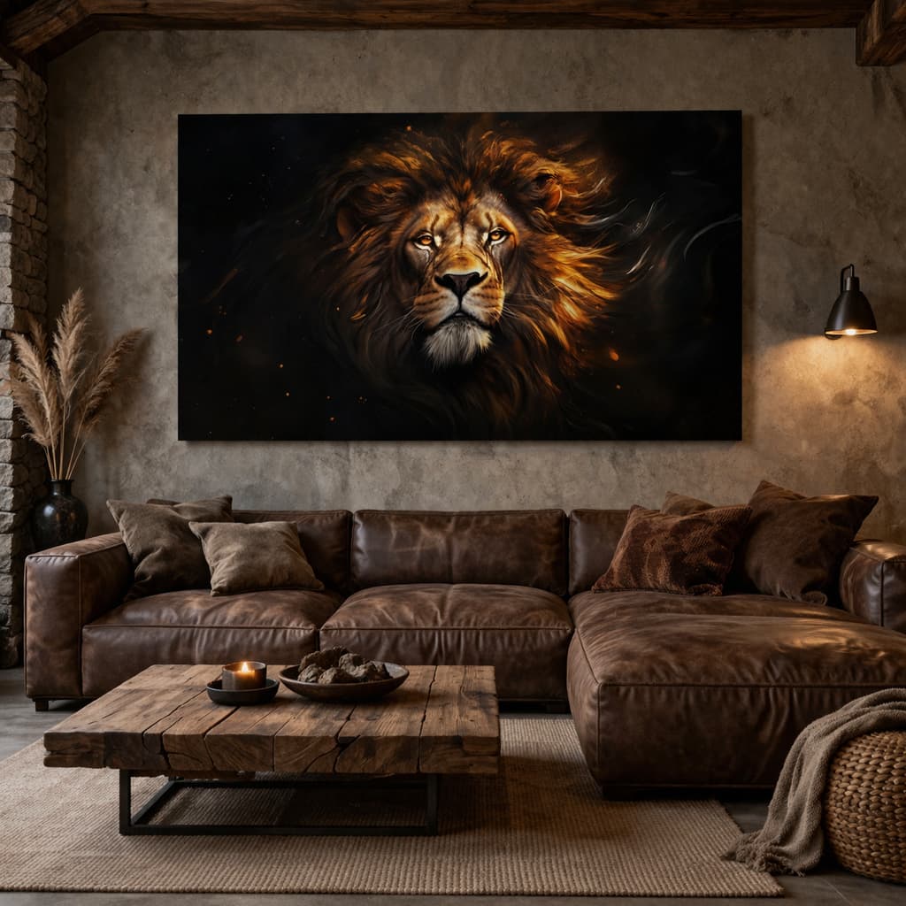 Quadro Decorativo Leão Rei Selvagem Imponente Sobre Vento Dourado Horizontal Luxuoso Grande