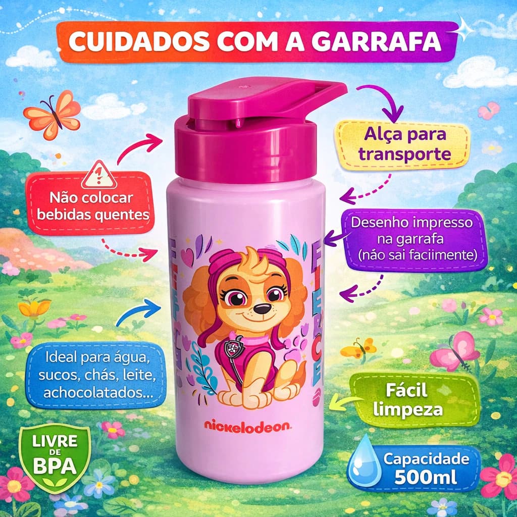 Garrafa de Água Infantil Squeeze Com Tampa Alça Patrulha Canina Skye Menina 500ml