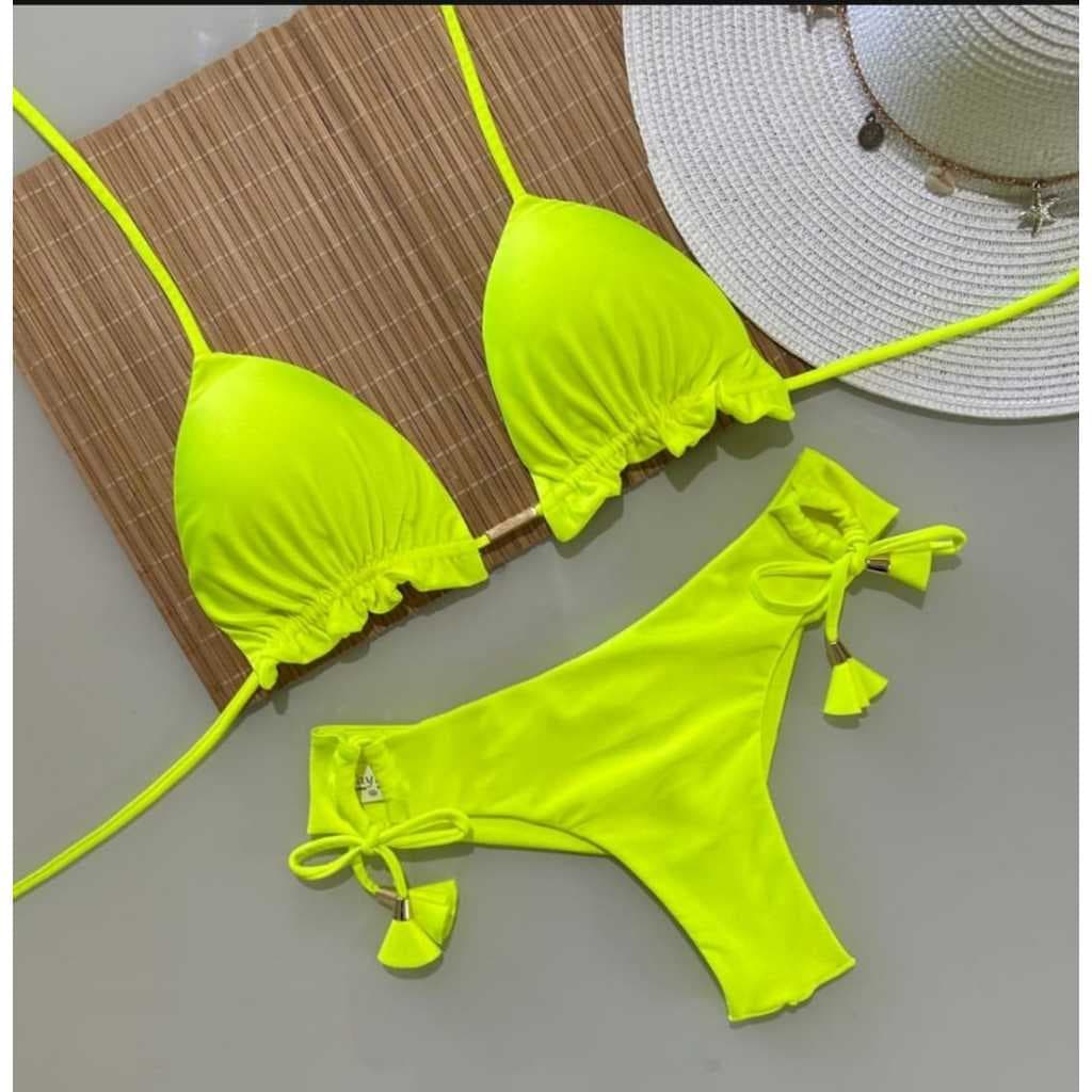 Biquini Cortininha com Calcinha Fio Duplo Amarelo Neon