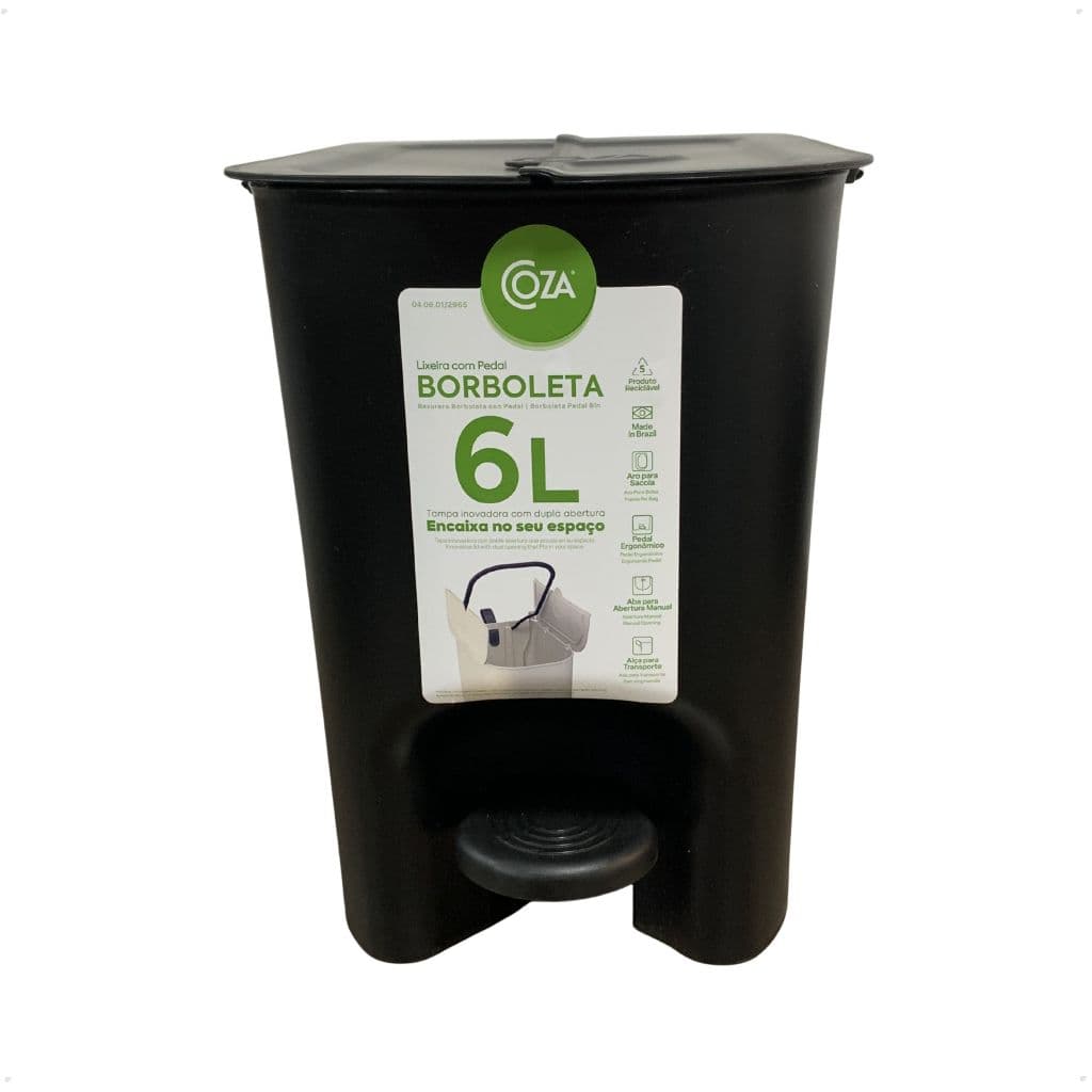 Lixeira Plástico 6 Litros Com Tampa Borboleta Preto para Banheiro Cozinha Escritório Quarto