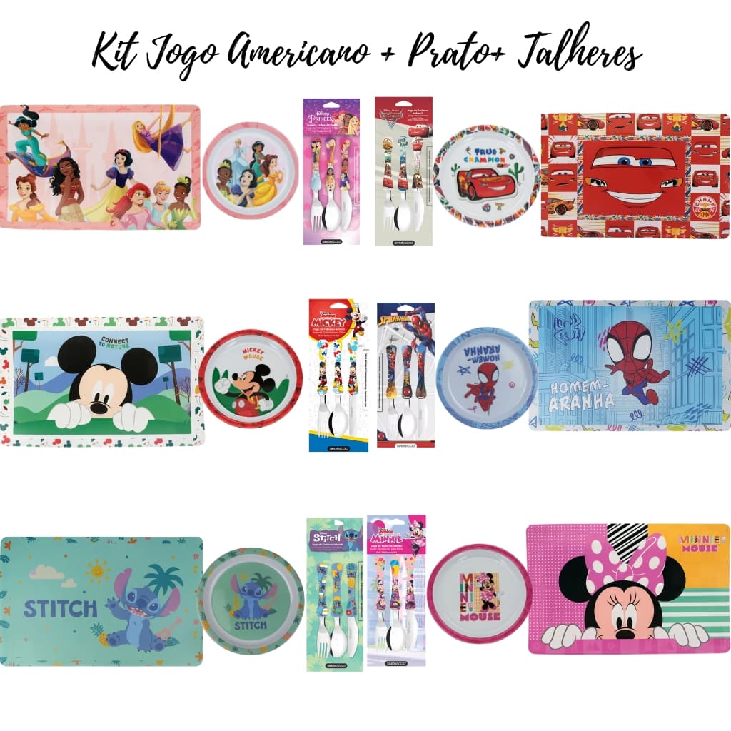 Kit Prato + Jogo Americano + Talheres Infantil Personagens Disney Homem Aranha Princesas Carros