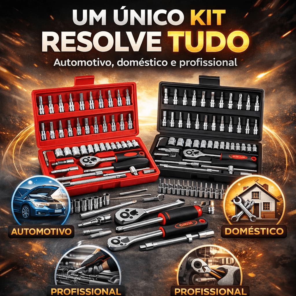Jogo de Ferramentas 46 Peças com Maleta Kit Soquete 1/4 Aço Automotivo Doméstico Completo